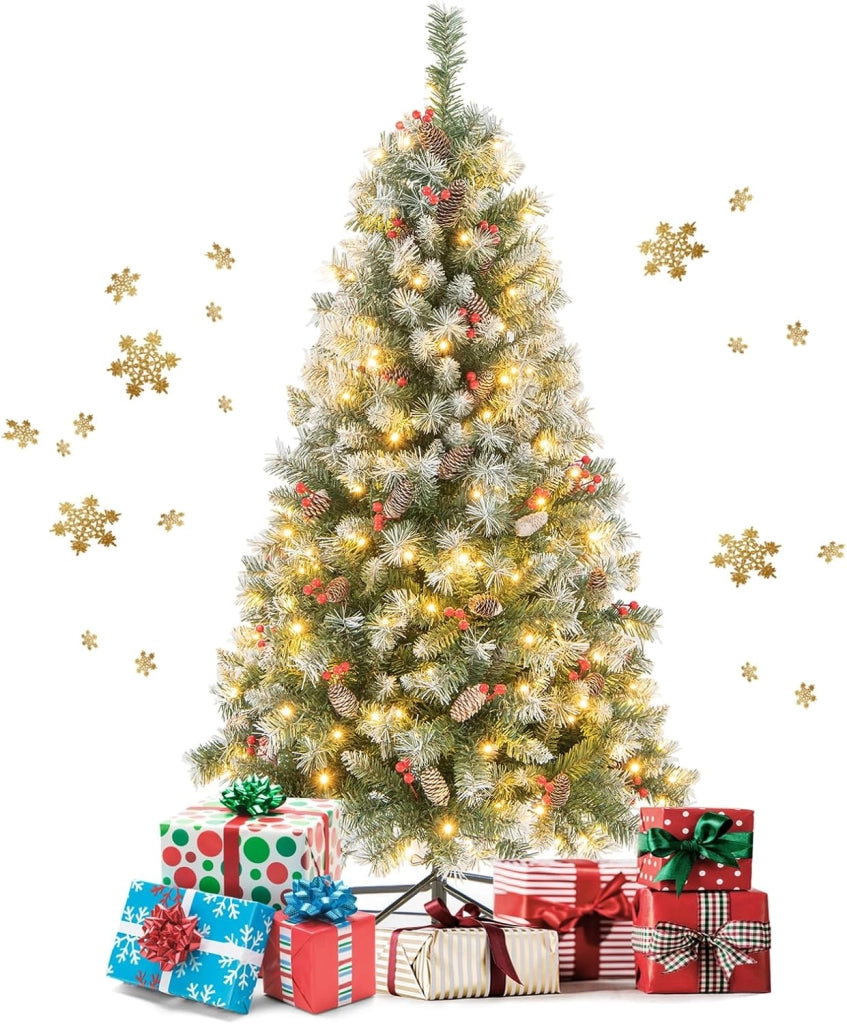 Albero di Natale Artificiale 150/195 cm, Albero di Natale con Luci LED e 8 Modalità di Illuminazione, Christmas Tree con Pigne e Bacche Rosse, Supporto in Metallo, per Casa, Negozio (S)