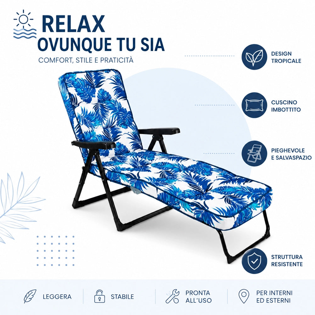 Sedia Sdraio Relax Pieghevole Imbottita con Cuscino Design Floreale 148x63x98cm