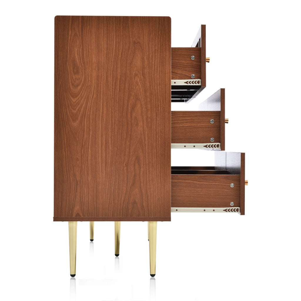Cassettiera con 6 Cassetti e 2 Frontali in Rattan; Angoli Arrotondati; Stile Vintage; in Legno e Metallo; 120×40×90 cm; Noce