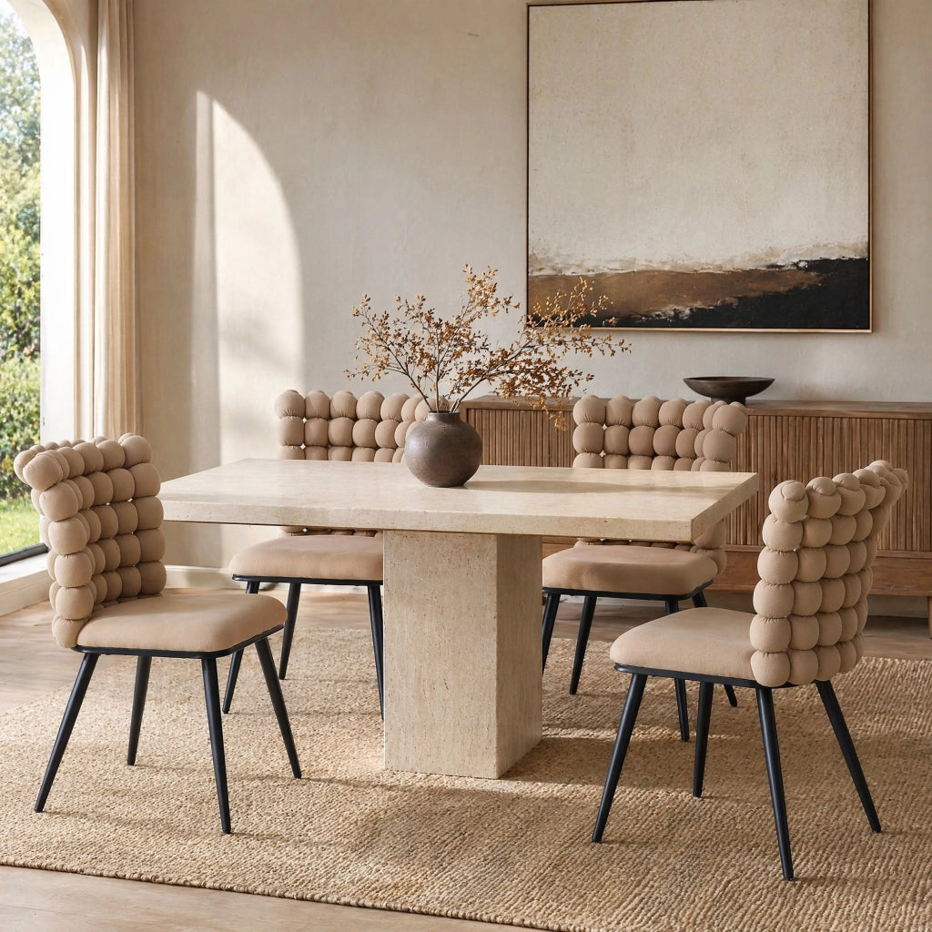 Sedia da Pranzo con Schienale a Catena di Sfere, Design Moderno, in Velluto e Metallo, Cammello