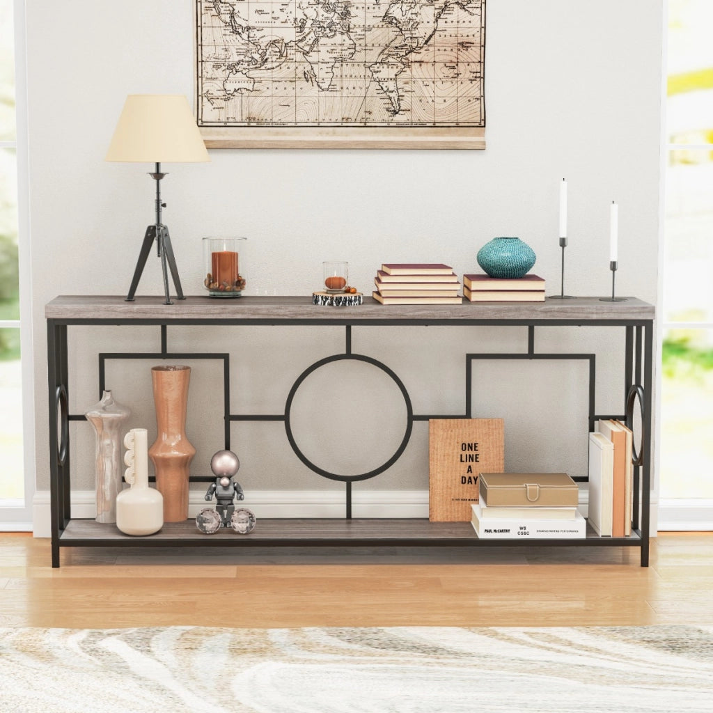 Tavolo consolle moderno a 2 ripiani stile mid-century-Tavolo consolle stretto per ingresso con struttura in metallo Marrone rustico e nero
