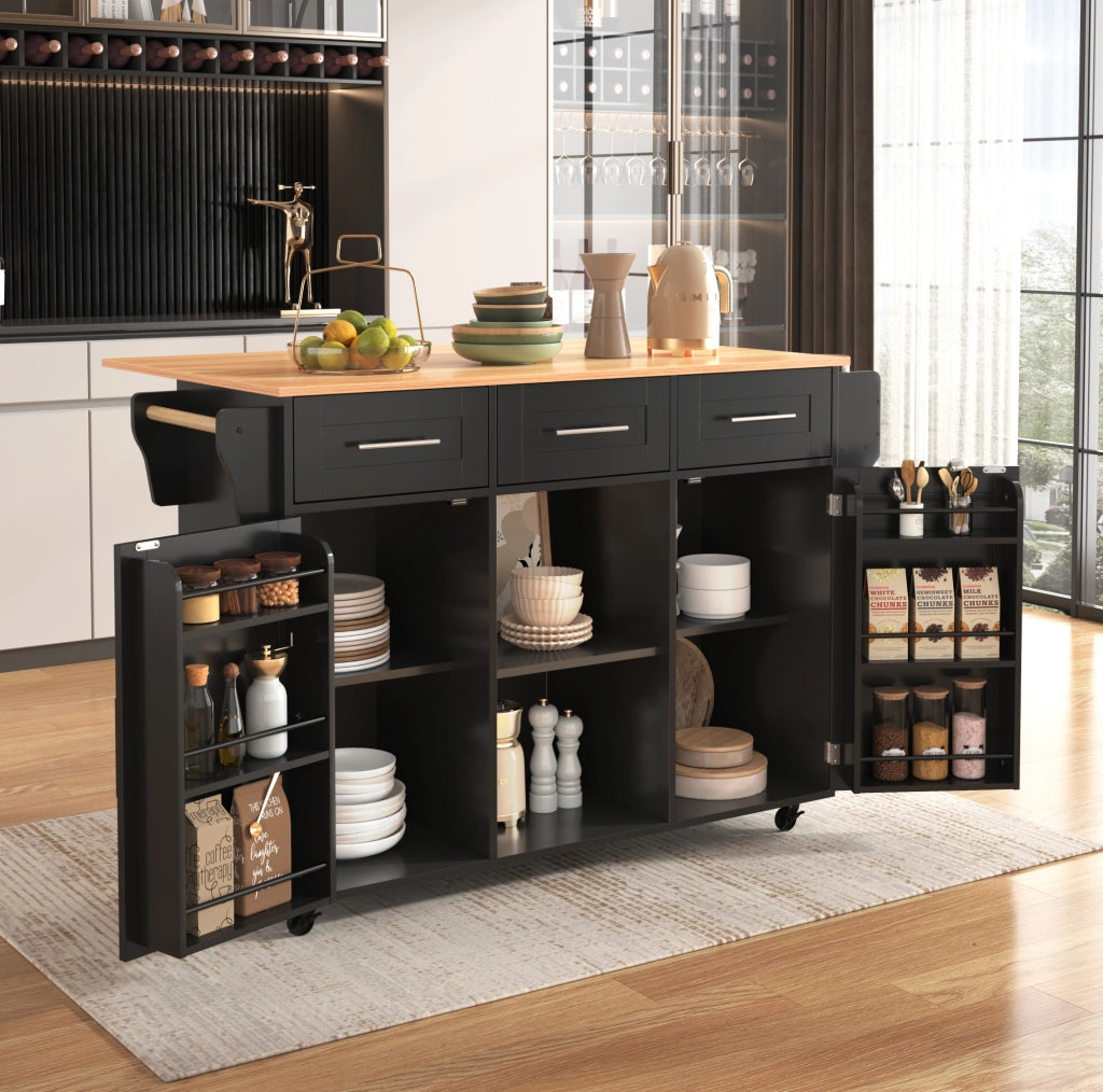 Carrello cucina con piano ribaltabile, cassetti e ruote nero