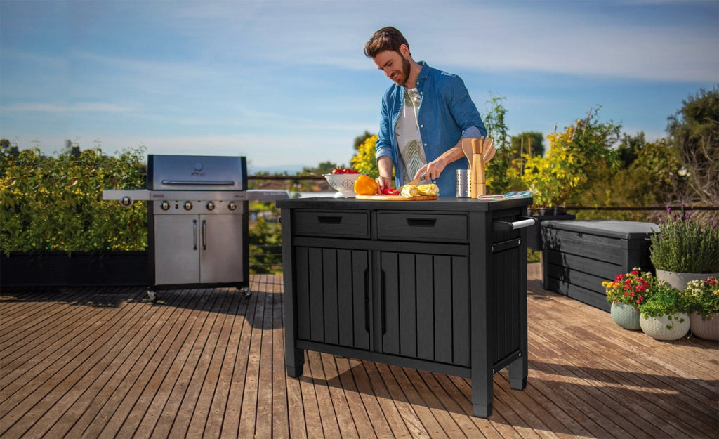 Tavolino per Barbecue 134x90x52 cm con Cassetti e Accessori Keter Unity XL Grafite