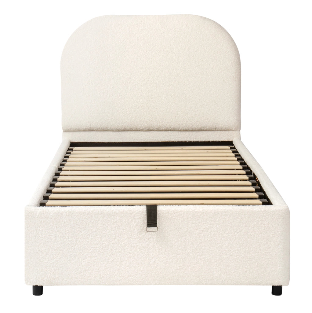 Letto per bambini 90x200 cm con contenitore idraulico; tessuto bouclé beige