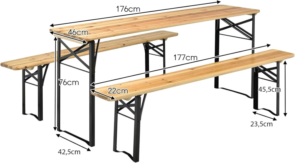 Tavolo da campeggio con sedie, pieghevole, con 1 tavolo da birra e 2 panche, tavolo da picnic pieghevole e salvaspazio, set da giardino, 176 x 46 x 76 cm, portatile per esterni, campeggio