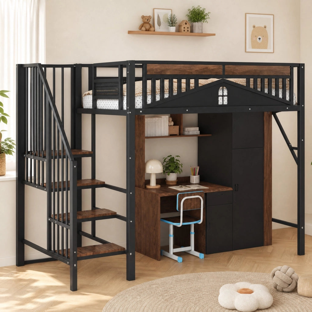 Letto a soppalco in metallo 90x200 cm con scala laterale e spazio contenitivo; nero