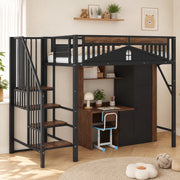 Letto a soppalco in metallo 90x200 cm con scala laterale e spazio contenitivo; nero