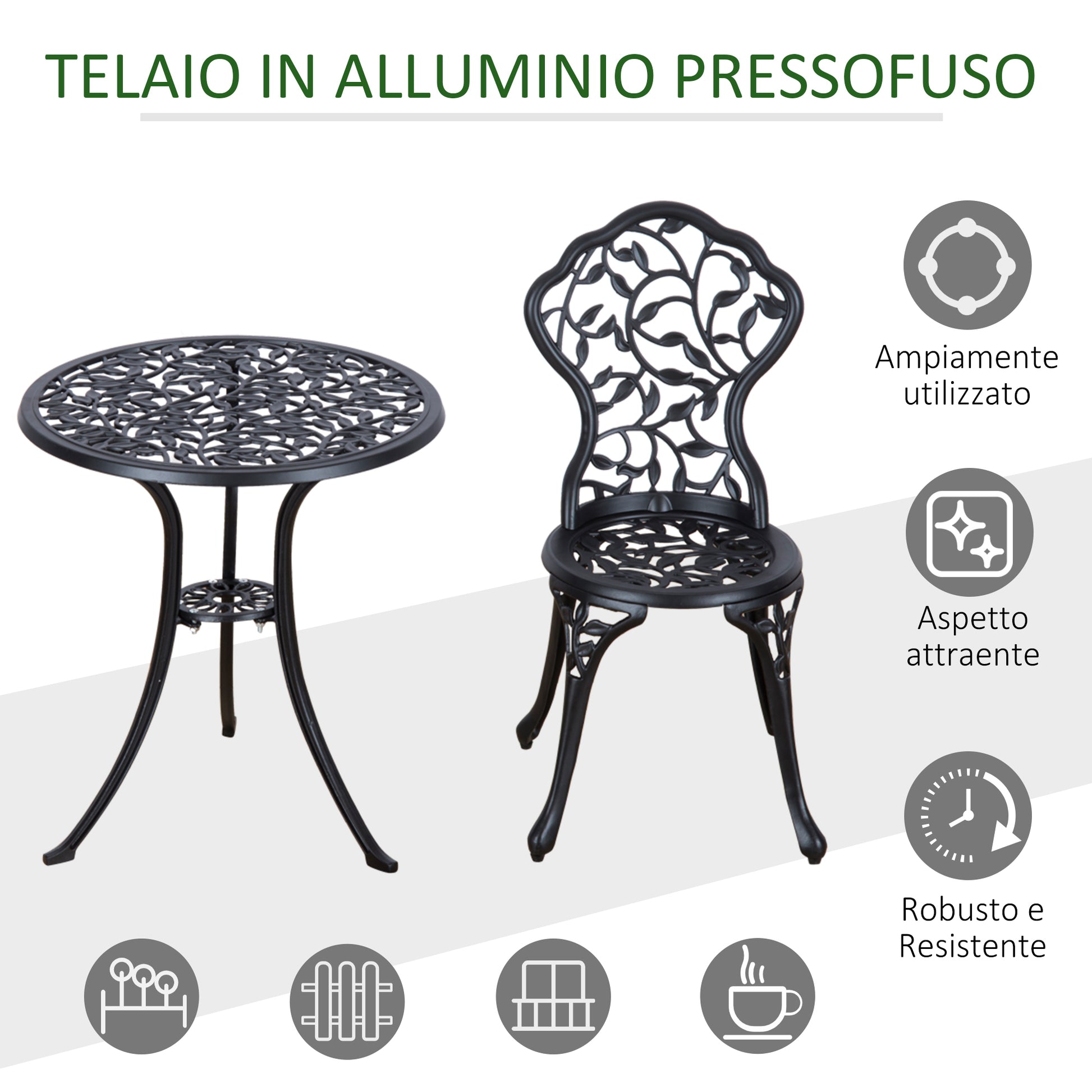 Set 3 Pezzi da Giardino con 2 Sedie da Esterno e Tavolo Rotondo in Alluminio Nero
