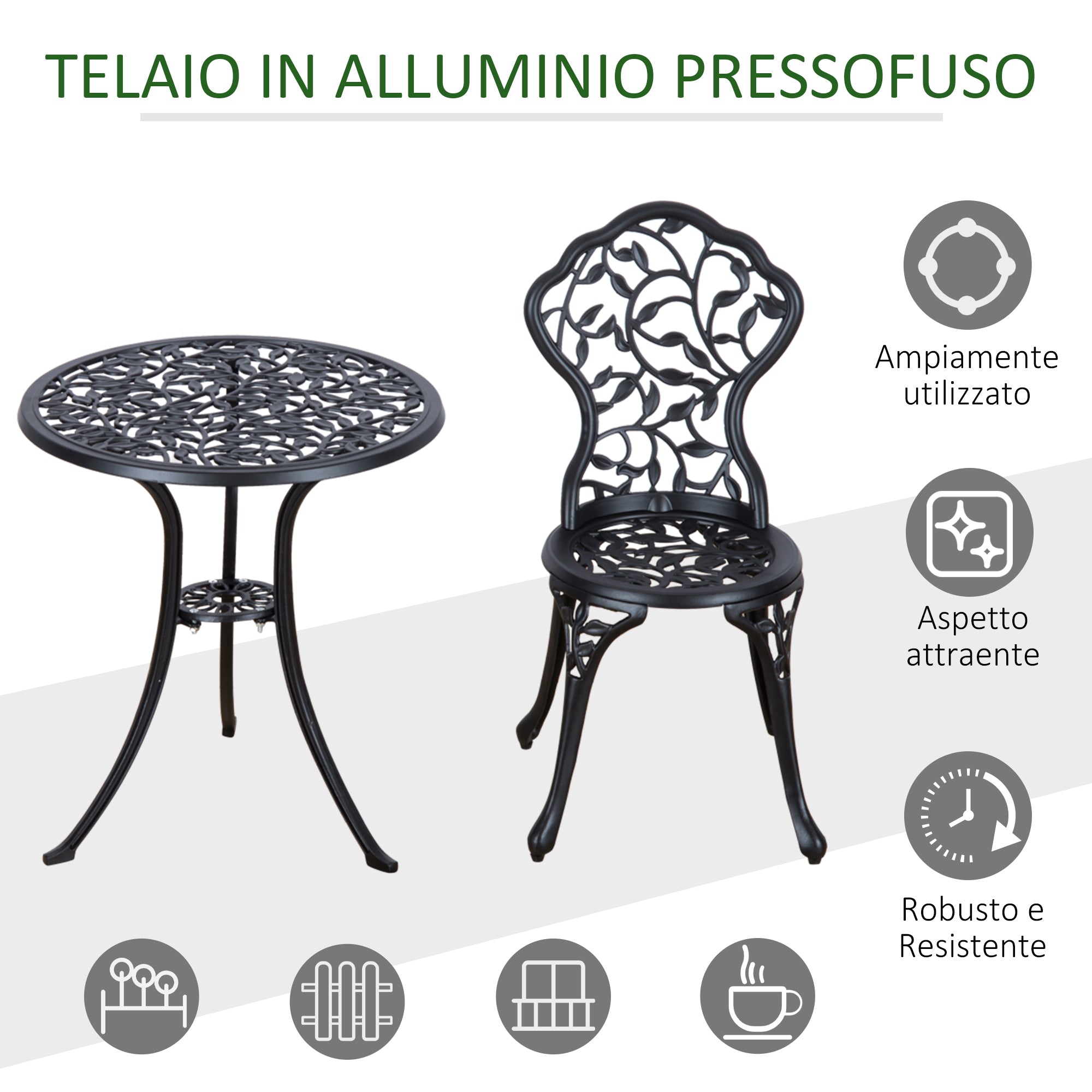 Set 3 Pezzi da Giardino con 2 Sedie da Esterno e Tavolo Rotondo in Alluminio Nero