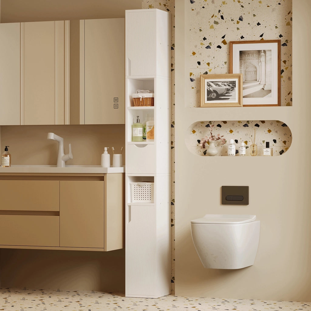 Scaffale da bagno a colonna stretta, bianco, da appoggio, 1 cassetto, pratico, in stile loft