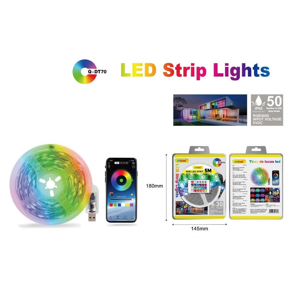 Trade Shop - Striscia Led Rgb5050 Usb 5v Dc Da 5 Mt Con Telecomando Impermeabile Ip65 App Q-dt70 -