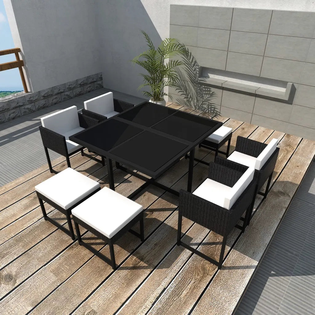 Set da Pranzo da Giardino 9 pz | Set Salotto da Giardino con Cuscini in Polyrattan Nero