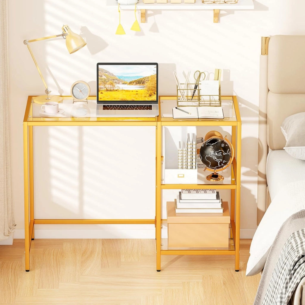 Scrivania con 2 Ripiani, Scrivania in Vetro Temperato e Acciaio, Scrittoio Salvaspazio e Moderno, Tavolo Versatile per Ingresso, Camera da Letto e Studio 106 x 51 x 77 cm (Oro)