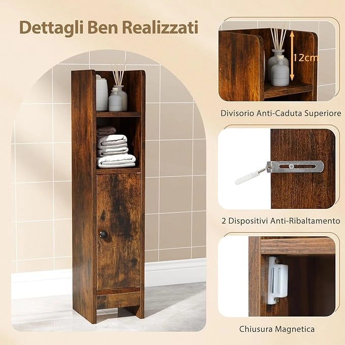Mobiletto Bagno, Credenza da Terra in Legno per Angoli con Porta e Ripiani Regolabili, Credenza Stretta Salvaspazia per Porta Carta Igienica, Ideale per Bagno e Cucina (Marrone)