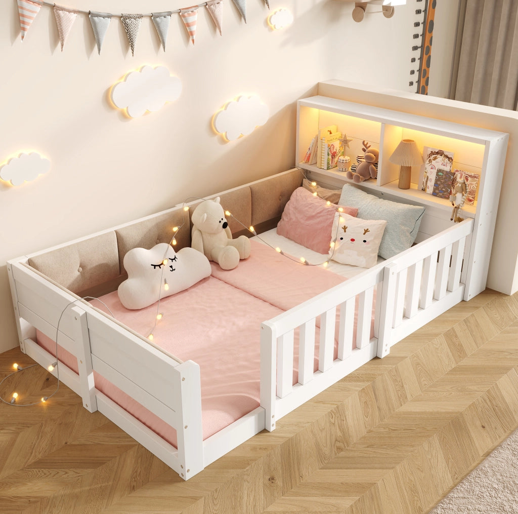 Letto basso per bambini 90 x 200 cm con sponde, LED e vano contenitore bianco