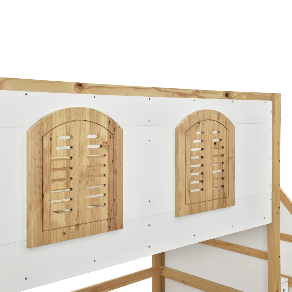 Letto a soppalco 90 × 200 cm con scala contenitore e area gioco in legno bianco e naturale