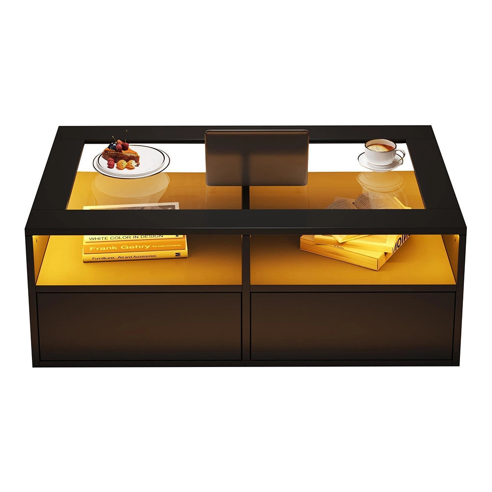 Tavolino LED - Xylo - 100x50cm vetro 2 cassetti nero