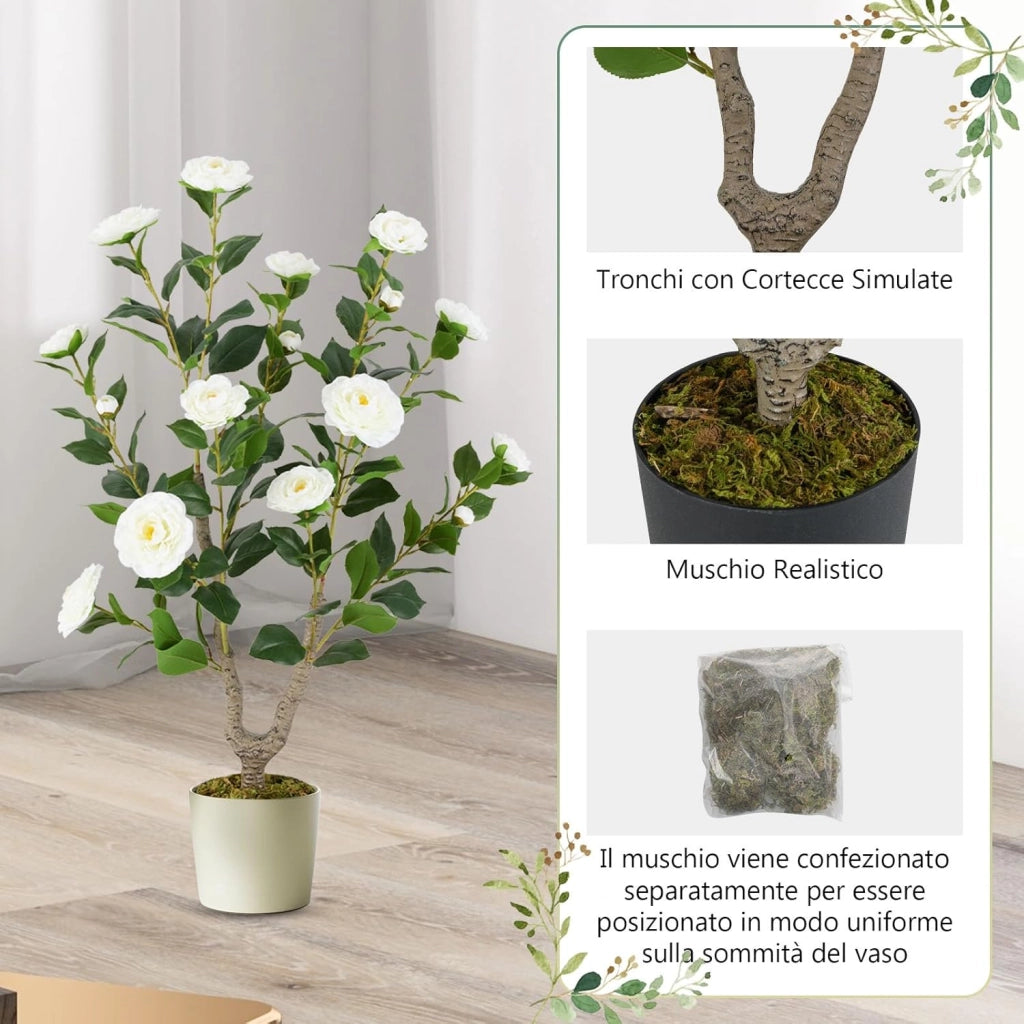 Albero di Camelia Artificiale 90 cm, Pianta Finta in Vaso con 16 Fiori Vivaci e 116 Foglie Vibranti, Pianta Decorativa per Soggiorno, Camera da Letto, Ufficio e Veranda (Bianco)