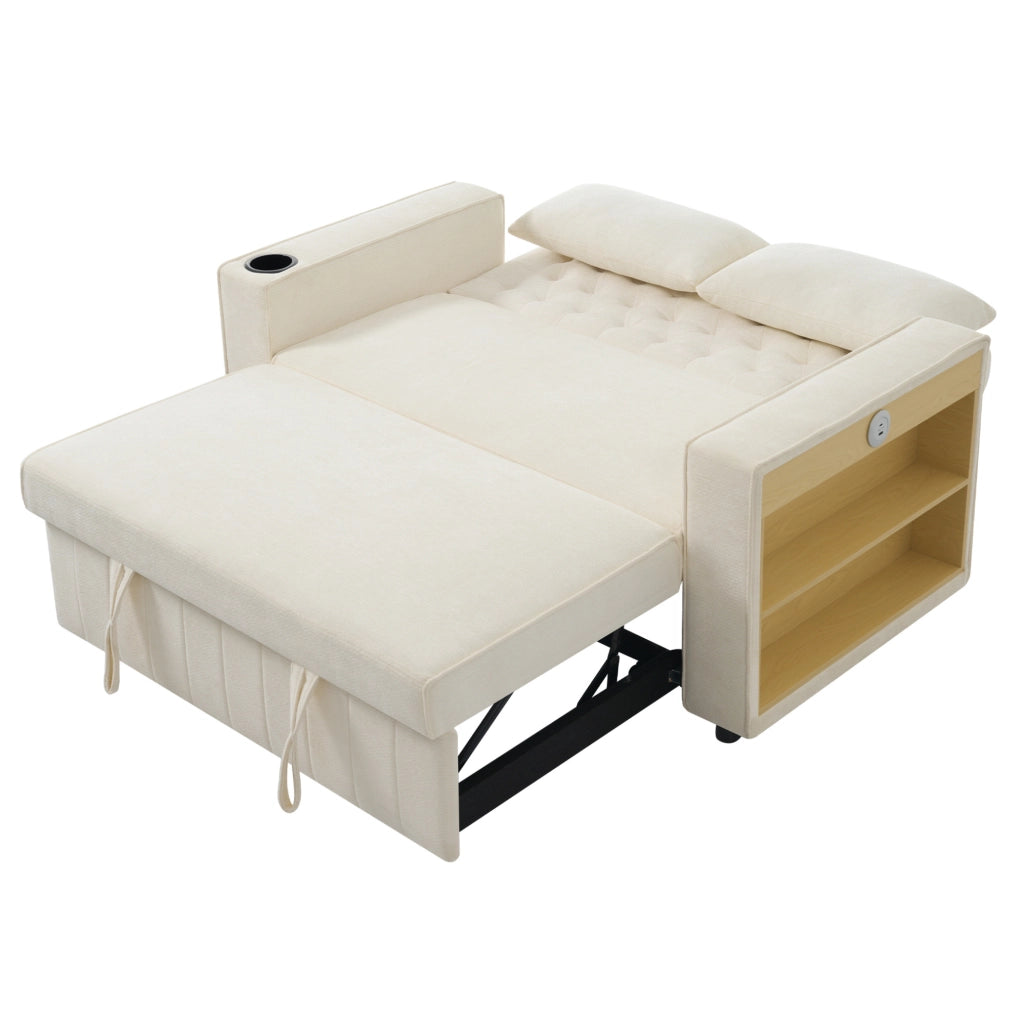 Divano letto 2 posti beige in ciniglia con USB e portabicchieri