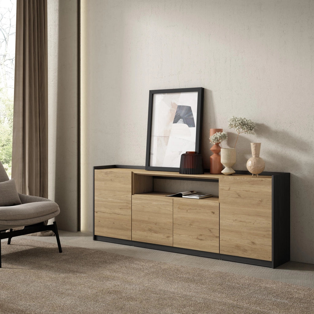 Credenza, Mobile, Cucina, 207x80x37 cm, 4 Porte, grande stoccaggio, Rovere e nero