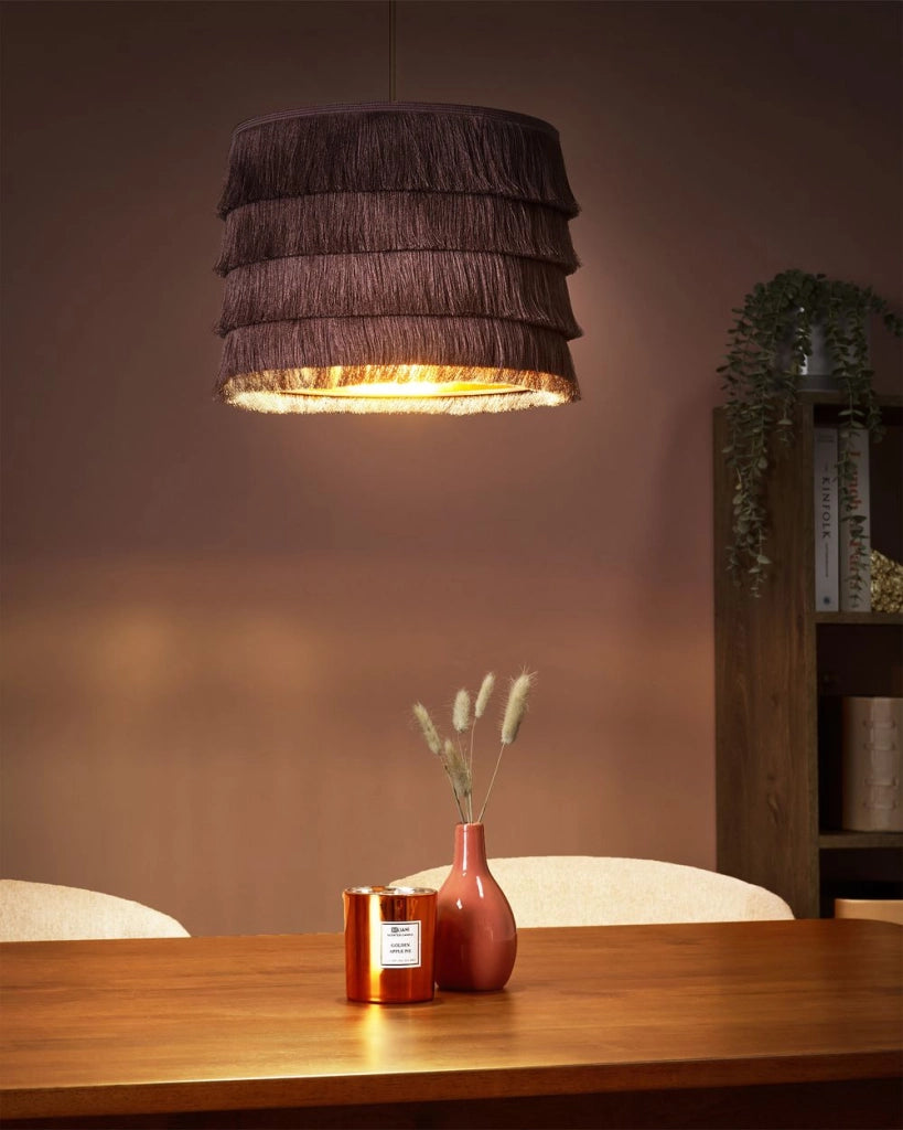 Lampada a sospensione in tessuto poliestere rosa con frange Design moderno Luce per il soggiorno