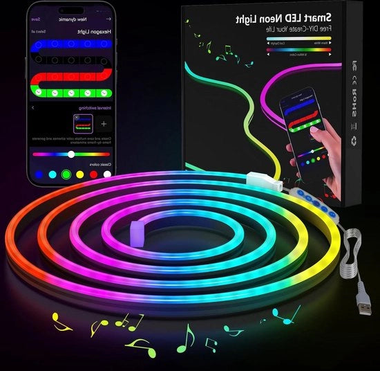 Fascia LED Music Sync Neon RGB DIY Effetto Luce Flexibile a LED - Controllo App Camera da Letto Sala da Gioco - Indoor Outdoor Lampada a LED Acqua Resistente (2 m)
