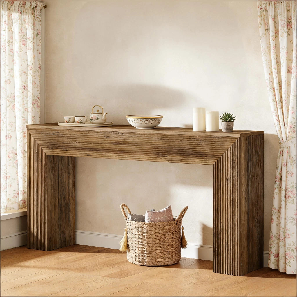 Consolle rustica in MDF con piano da 160 cm, struttura minimalista e uso versatile per ingresso e soggiorno, marrone