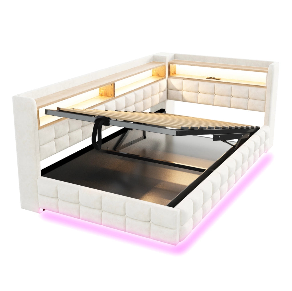 Letto imbottito con contenitore 90x200 cm in velluto beige; LED; prese e ripiani