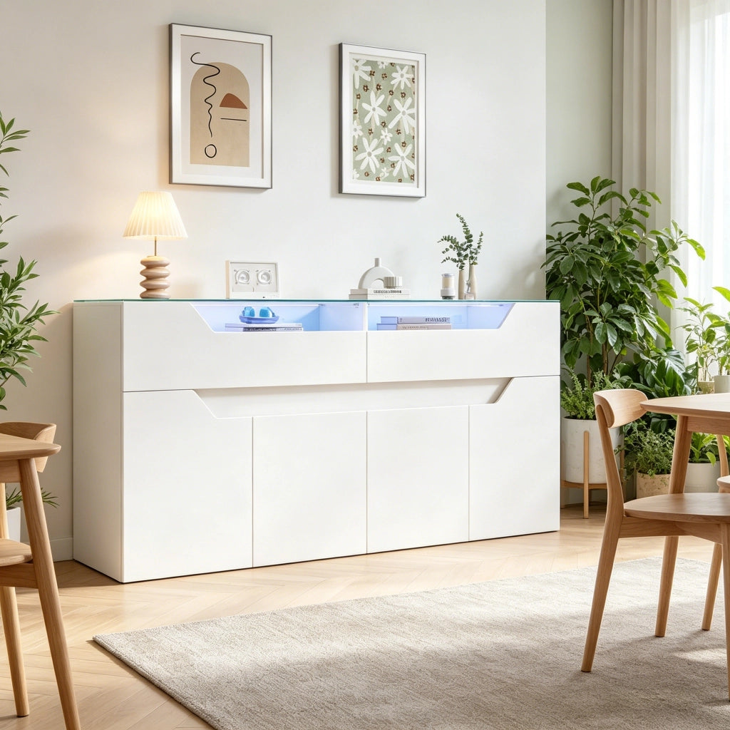 Credenza e madia con piano in vetro temperato, 2 cassetti e 2 ante, per sala da pranzo e soggiorno, bianco, 140 × 40 × 70 cm