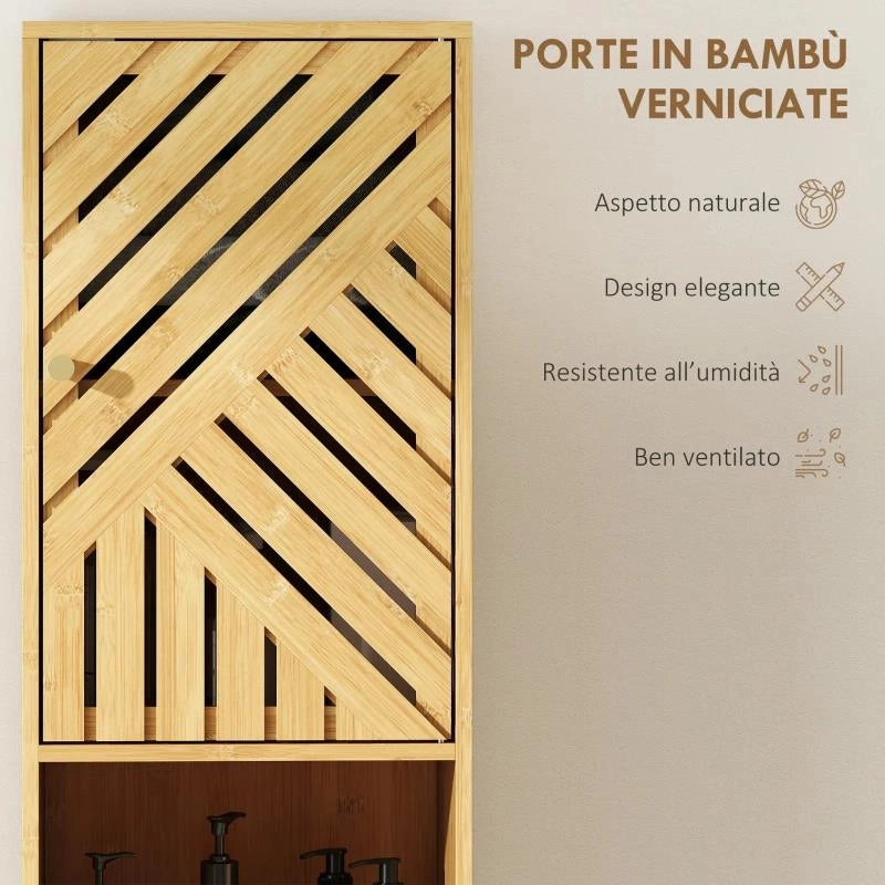MOBILE COLONNA BAGNO CON 2 ARMADIETTI E 2 RIPIANI CON SCAFFALE REGOLABILE, IN BAMB¨ E TRUCIOLATO, 32X30X170 CM