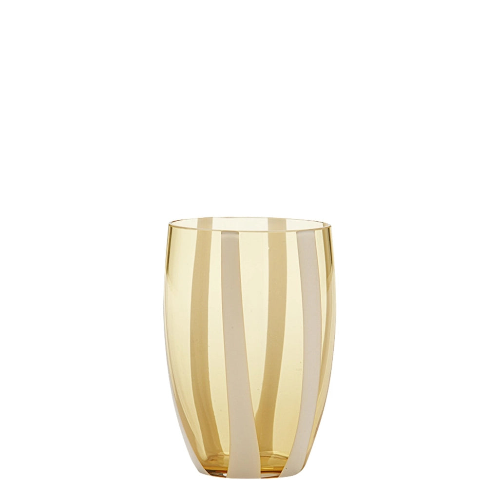 Gessato Set 6 Bicchieri Tumbler in Vetro Soffiato a Bocca Colore Ambra, Design Artigianale con Fasce Verticali in Pasta Bianca, Eleganti e Moderni