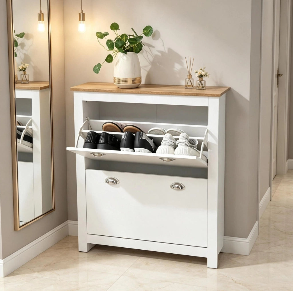 Scarpiera con 2 cassetti ribaltabili e ripiani regolabili in MDF rovere e bianco
