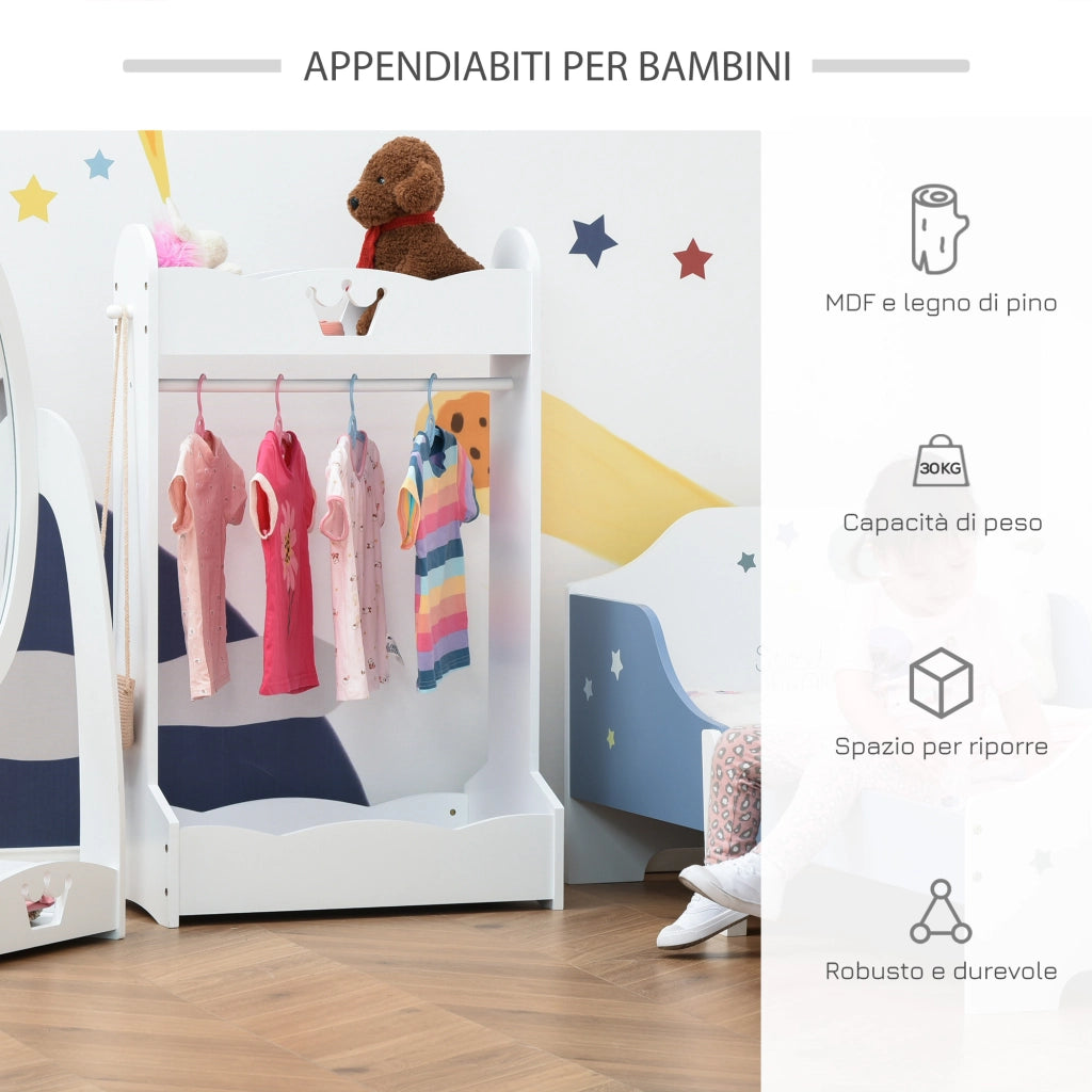 EasyComfort Appendiabiti per Bambini con Ripiani e Ganci Laterali, Arredamento per Cameretta in Legno, 70.5x37x103cm, Bianco