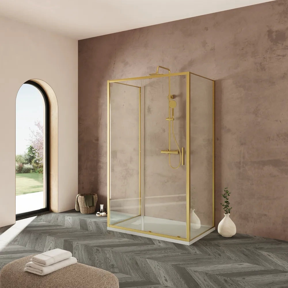Box doccia tre lati 90x110x90cm con porta scorrevole profili oro spazzolato vetro 6mm trasparente anticalcare h190| Portofino