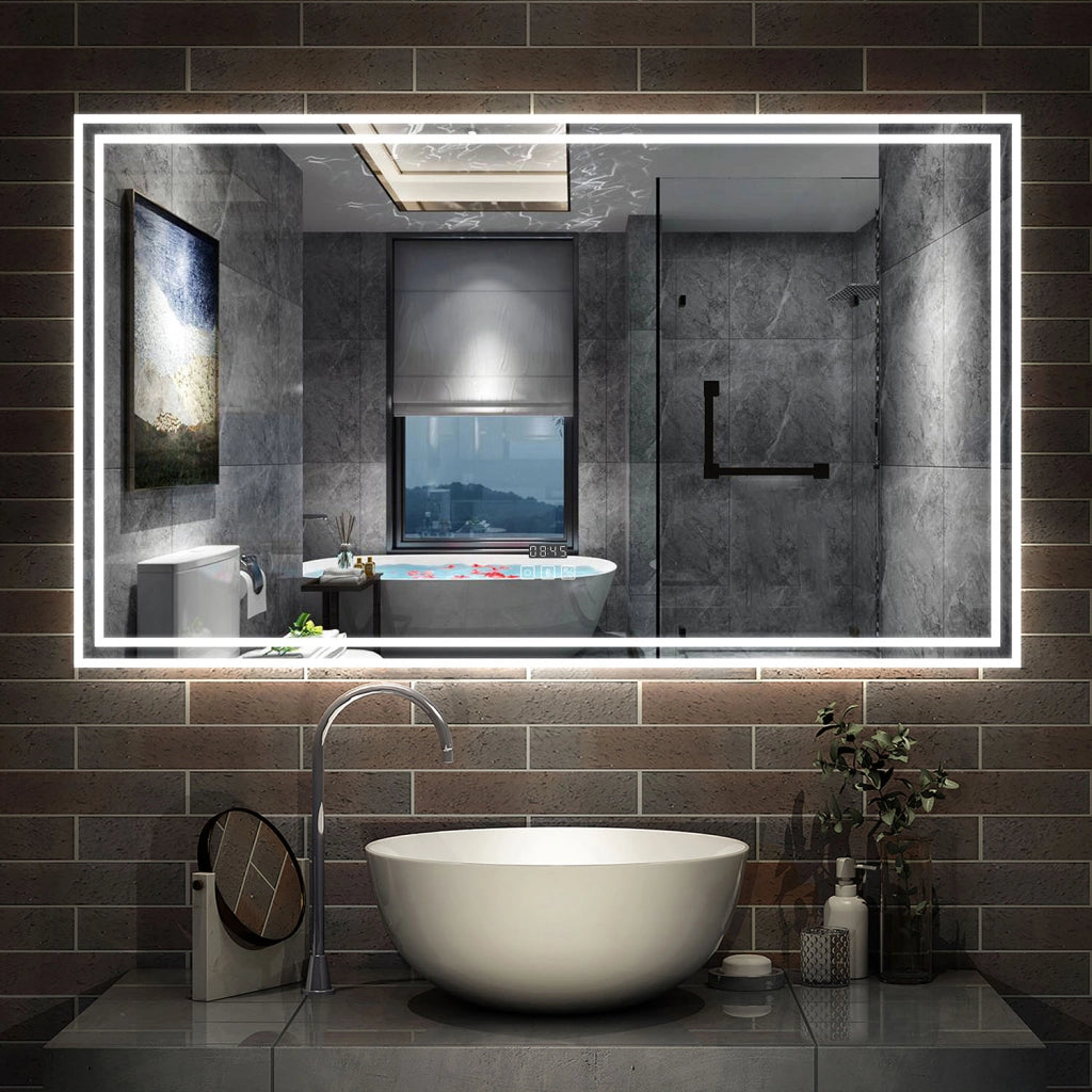 Aica Specchio da bagno a LED+140x80cm+Disappannamento+orologio+Bluetooth+3 Temperature di Colore