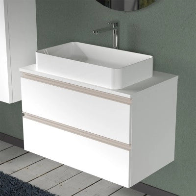 Mobile bagno sospeso 80 cm bianco opaco con top e specchio tondo Master