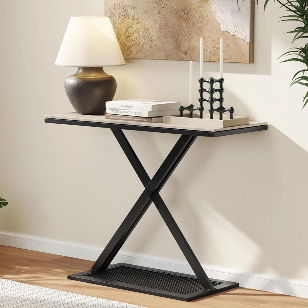 Tavolo consolle con piano in marmo, tavolo stretto con struttura in metallo robusto e piedini antiscivolo, 100 x 40 x 77,5 cm, tavolino per ingresso, soggiorno