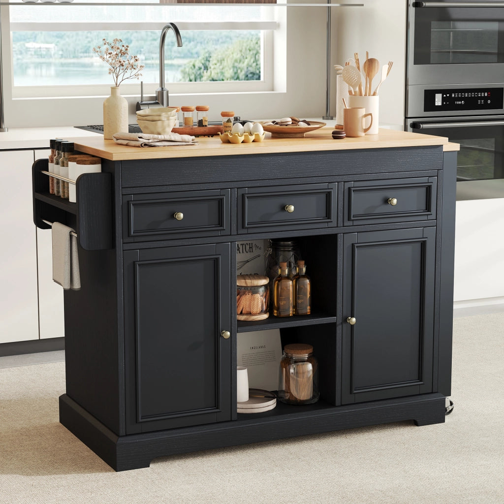 Mobile contenitore con 3 cassetti; piano estraibile e ruote - per cucina e sala da pranzo - nero naturale - 112-188x45x92 cm