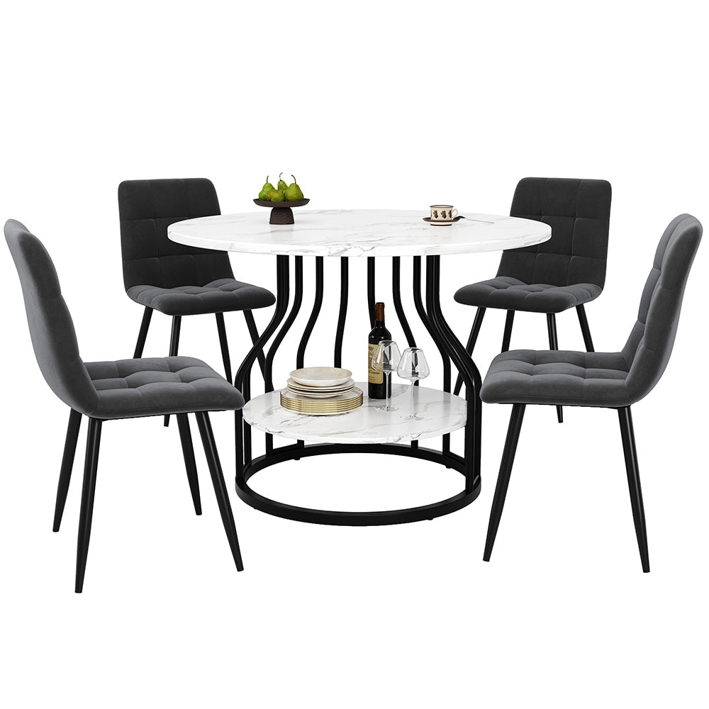Set tavolo-Xylo-80cm rotondo 4 sedie grigio piedi neri piano marmorizzato