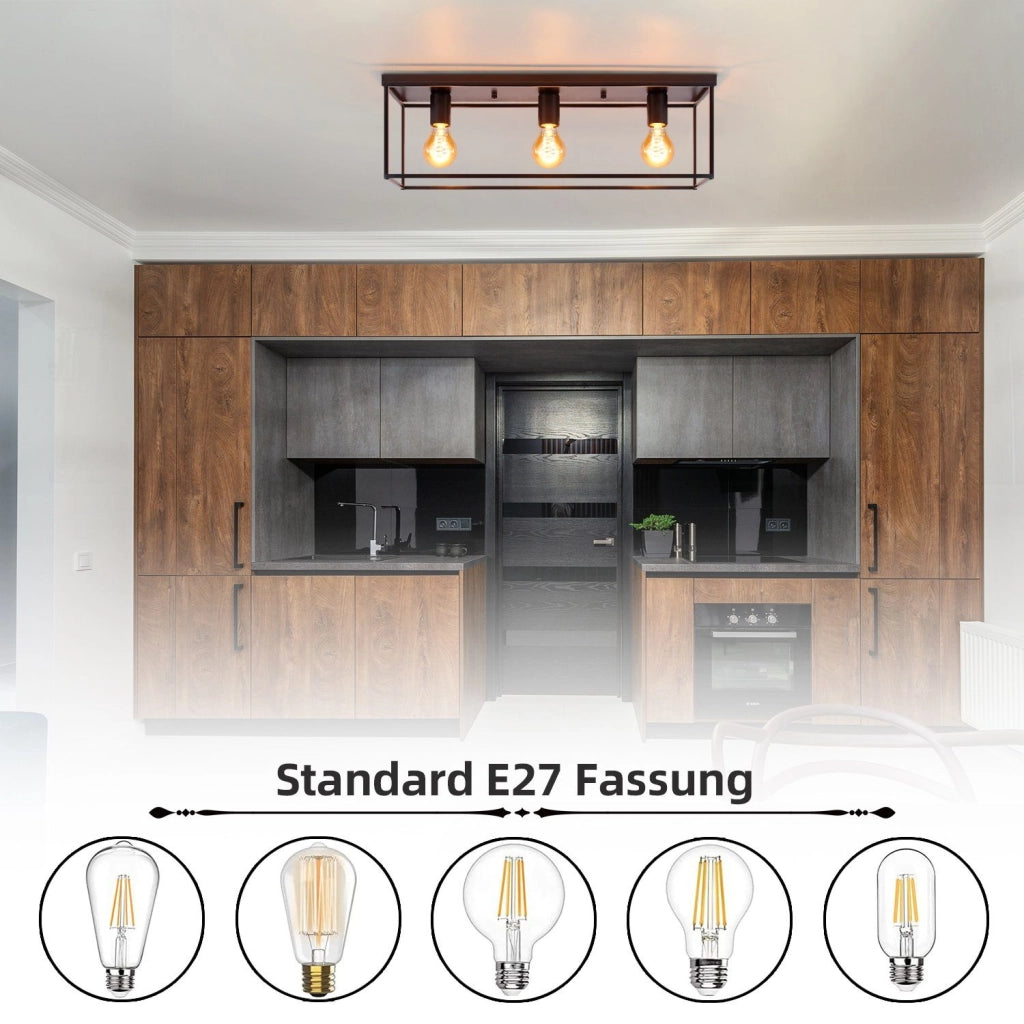 ZMH Lampada da soffitto 3 luci E27 max 25W metallo nero retrò per soggiorno cucina