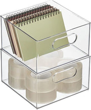Scatola di archiviazione per materiali da ufficio – cassettiera di plastica per armadio o cassetto – scatola di plastica con maniglie per buste, penne e simili – set da 2 – trasparente