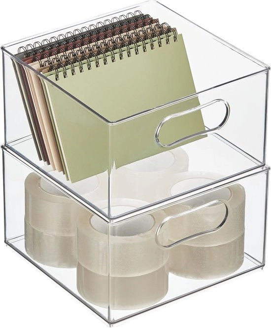 Scatola di archiviazione per materiali da ufficio – cassettiera di plastica per armadio o cassetto – scatola di plastica con maniglie per buste, penne e simili – set da 2 – trasparente