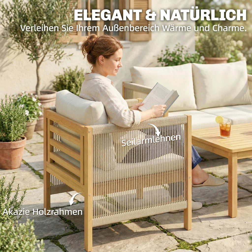 Set da giardino in legno con divano 2 posti 2 poltrone e tavolo ¨C zephmum ¨C cuscini lavabili