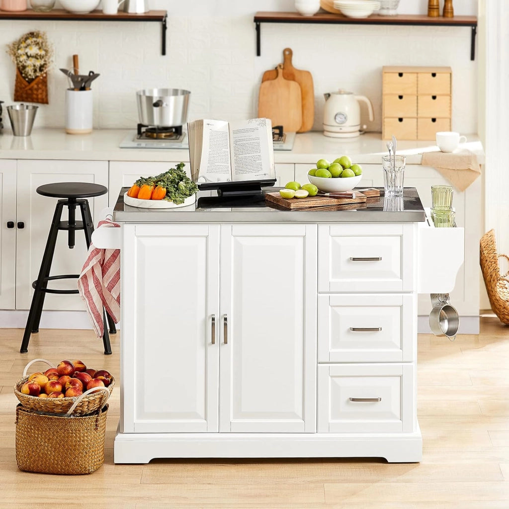 isola cucina piano lavoro in acciaio inox anti-impronta carrello da cucina con ruote mobile cucina con 3 cassetti Bianco 130x91x(46-71) cm FKW41-ST