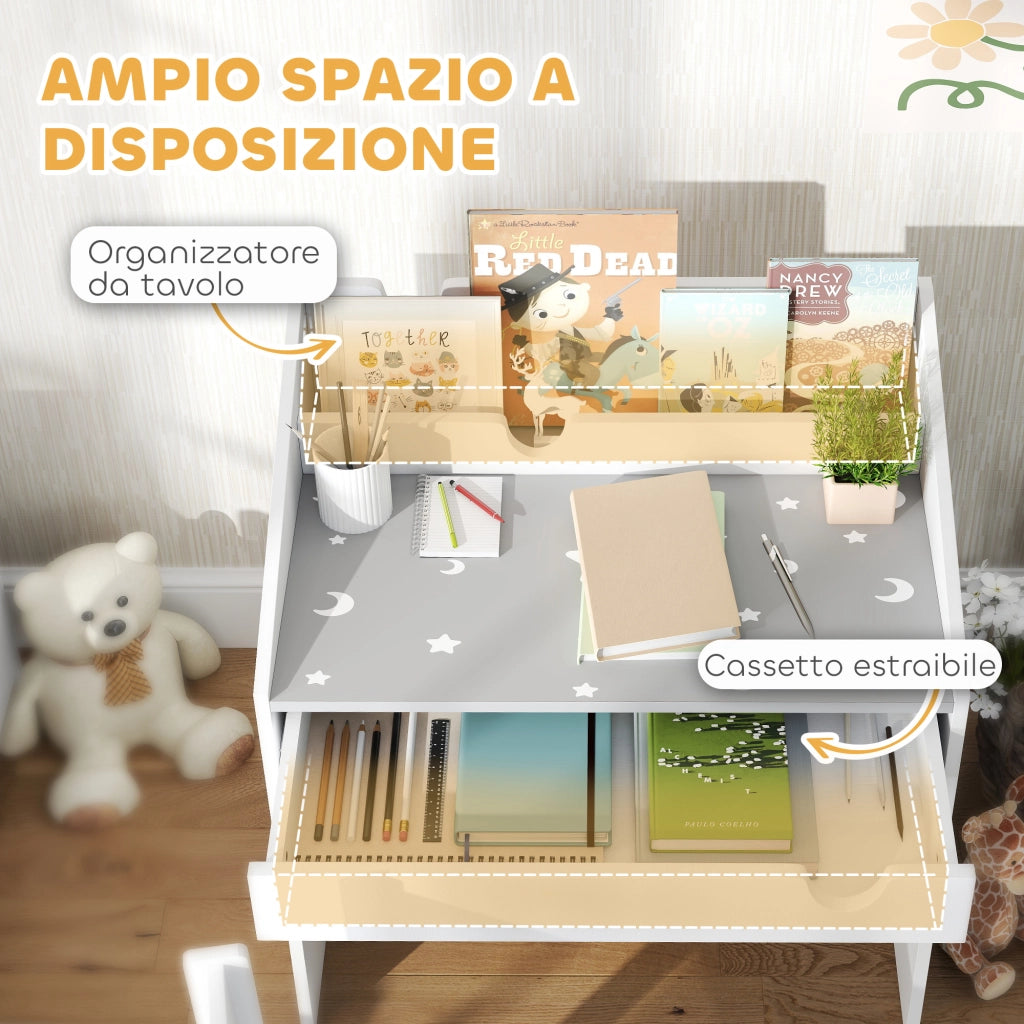 Banco Scuola con Sedia per Bambini 3-6 Anni 69x50x75 cm con Ripiano e Cassetto in MDF Grigio