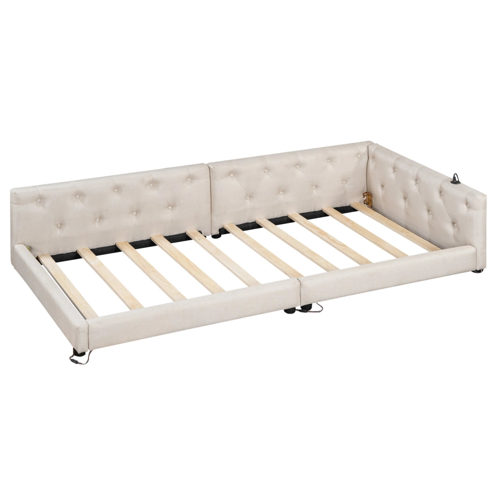 Letto daybed 90x200 cm con luci LED e USB Type-C in lino beige