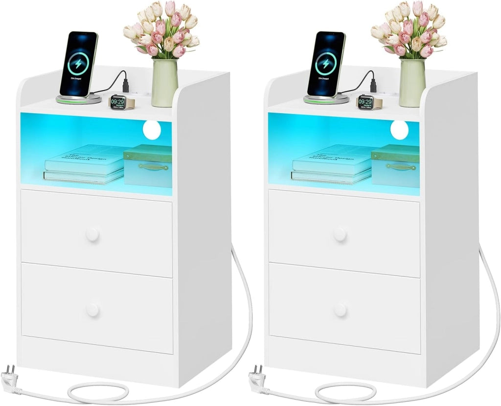 Set di 2 Comodino con Stazione di Ricarica, Prese, Porte USB, Tavolino con Luci LED Regolabile, Cassettiera con Cassetti e Scomparto, 40x35x64cm, per Camera da Letto, in Legno, Bianco NTS07ws-2