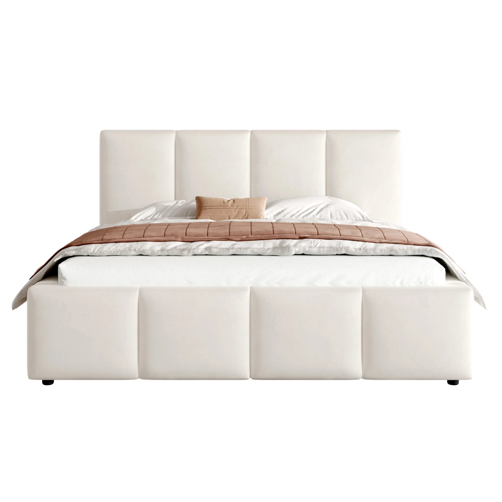 Letto Matrimoniale 180x200 cm; con Testiera Imbottita e Rete a Doghe; Chenille Beige