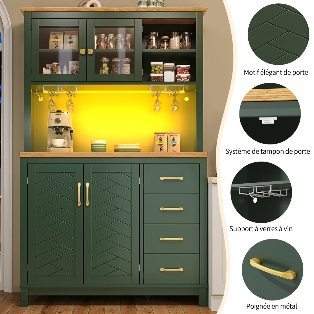 Credenza e madia con 4 ante, ripiani interni e LED, per cucina e soggiorno, in MDF verde, 105,5 × 40 × 180 cm
