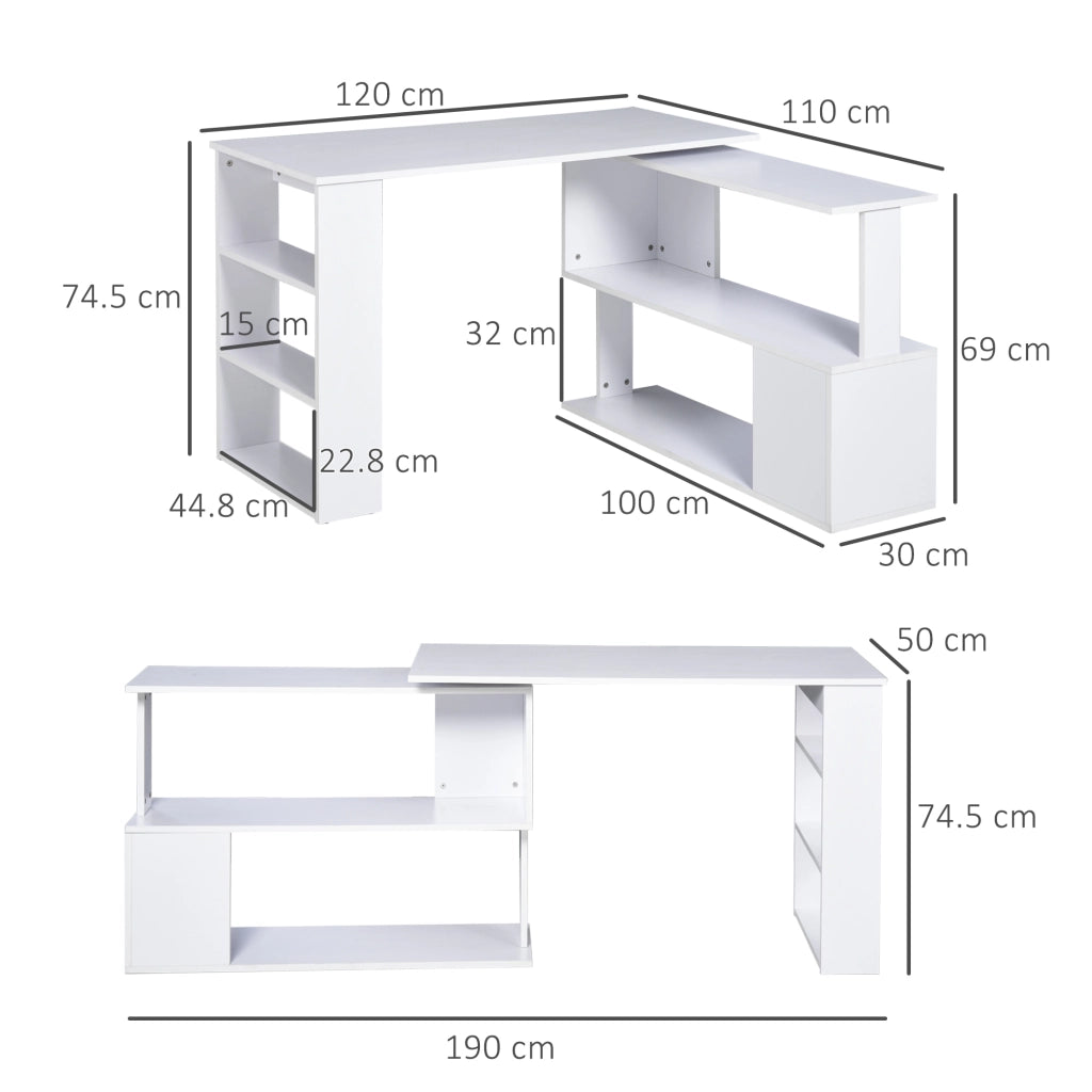 Scrivania ad Angolo con 5 Ripiani, 120 x 100 x 74.5cm, Bianca
